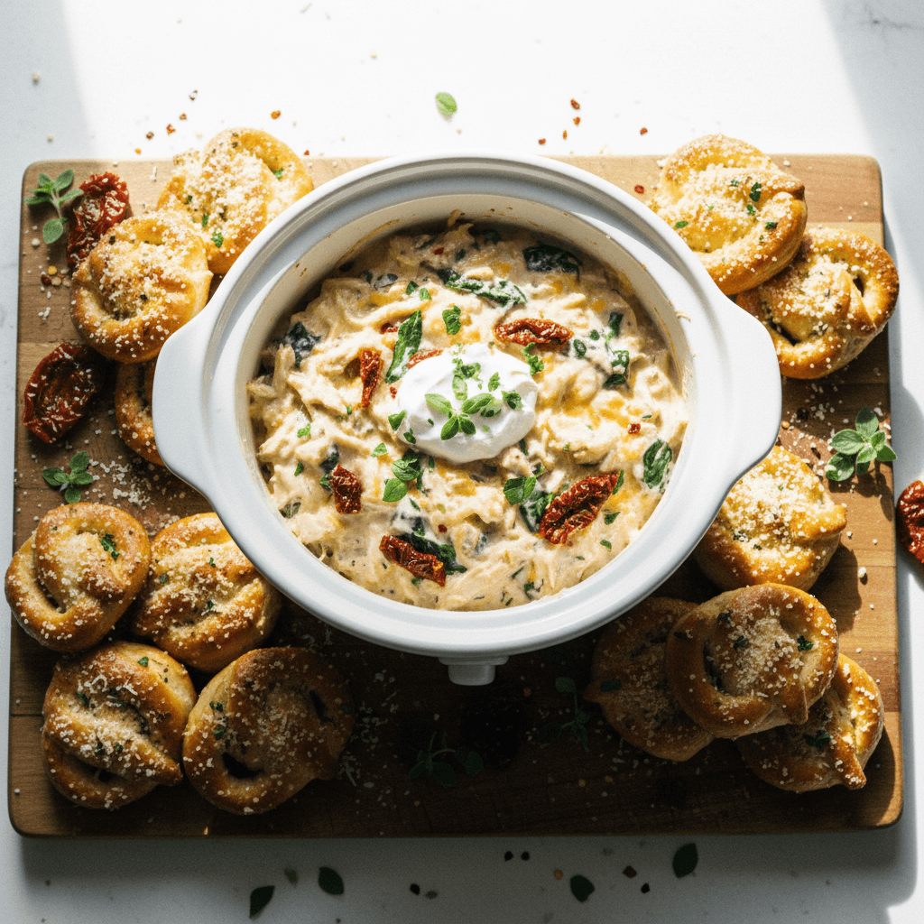 Garlic Parm Pretzel Bites with Crockpot Marry Me Chicken Dip