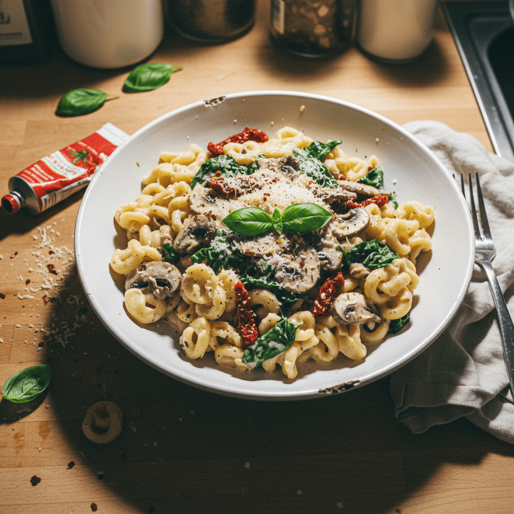 Creamy Mushroom & Sun-Dried Tomato Pasta with Spinach