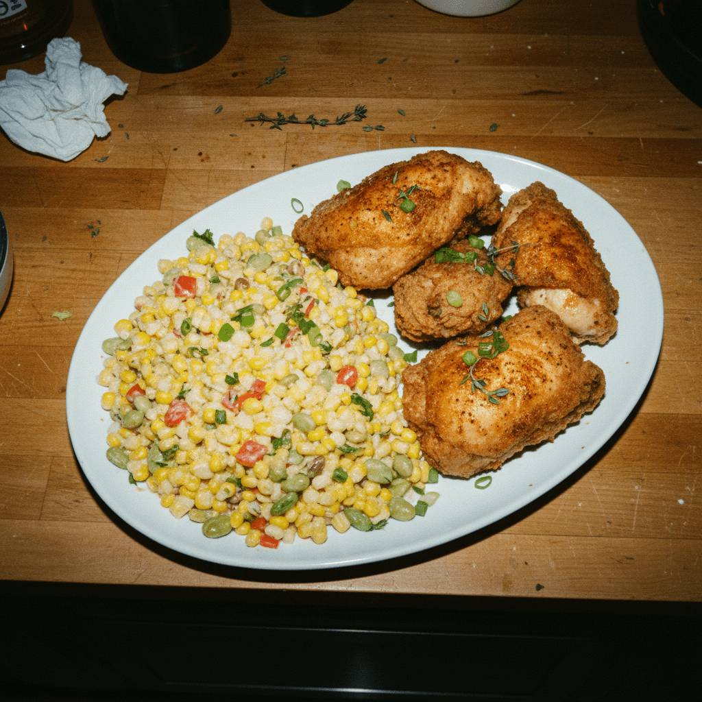 Fried Chicken with Creamy Corn Succotash