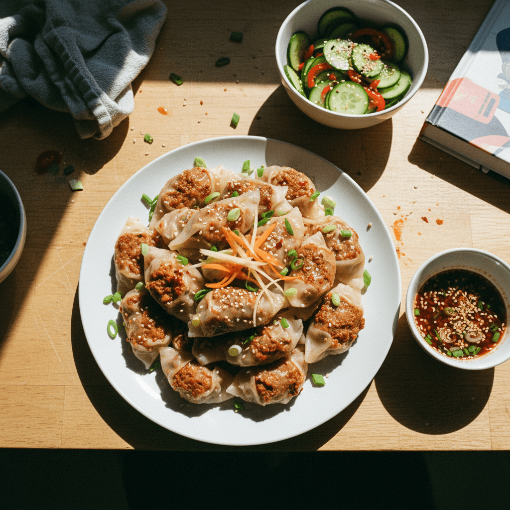 Spicy "Beef" Rice Paper Dumplings with Cucumber Salad