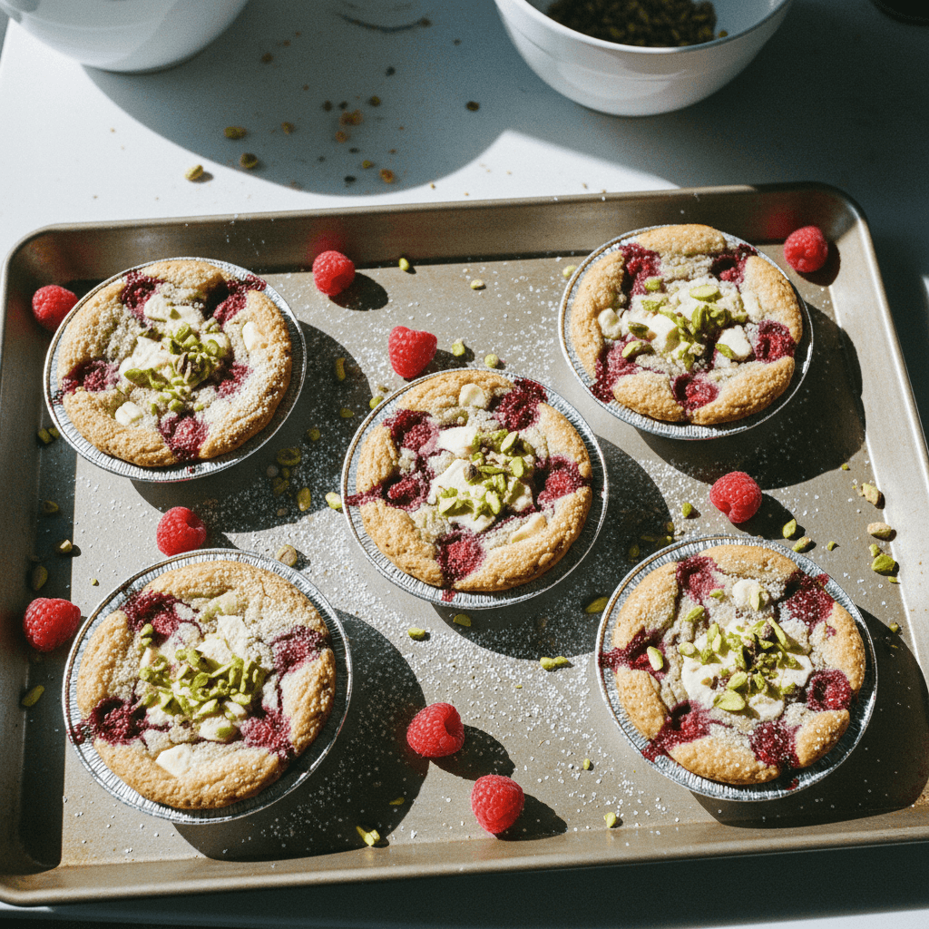 Individual Baked Raspberry Pistachio Cookie Pies