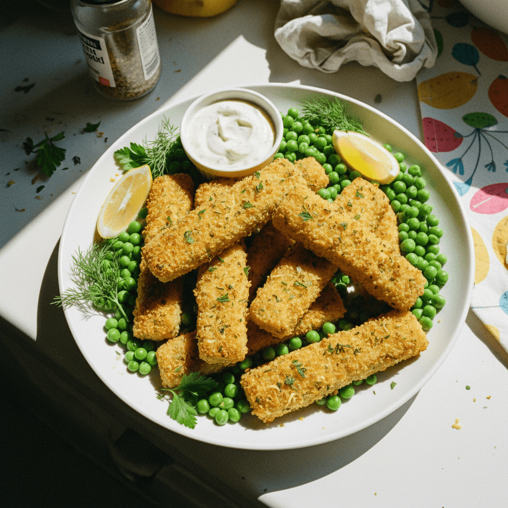 Lemon Herb Baked Fish Sticks with Peas