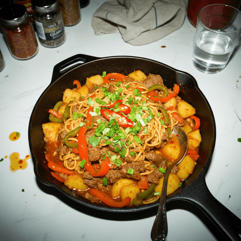 Hearty Beef and Potato Skillet with Peppers and Spaghetti