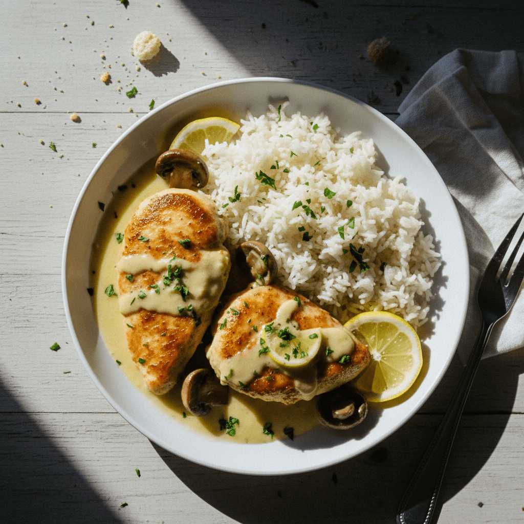دجاج محمر مع صلصة الكريمة بالليمون ورز على جنب