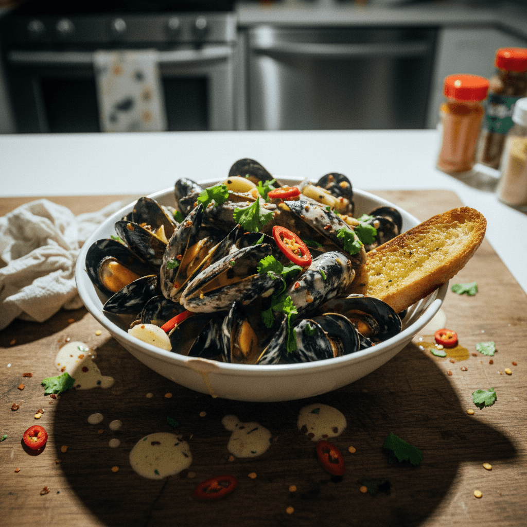 Spicy Garlic Creamed Mussels