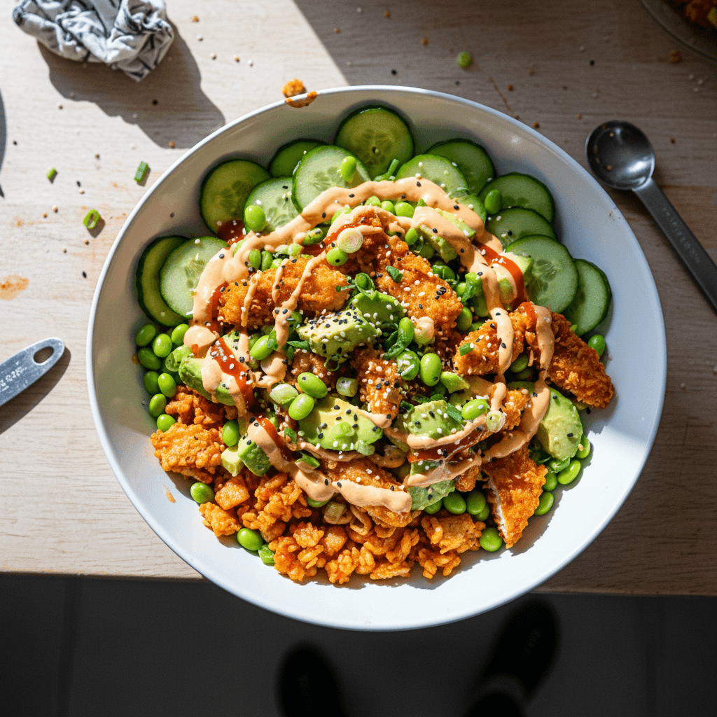High Protein Chilli Chicken Crispy Rice Salad