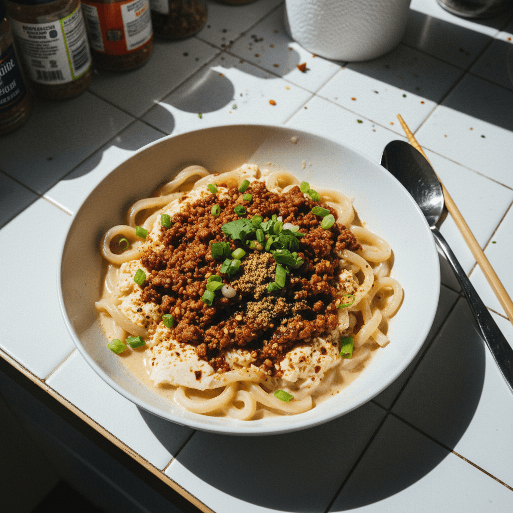 Creamy Silken Tofu with Spicy, Numbing Minced Pork Udon