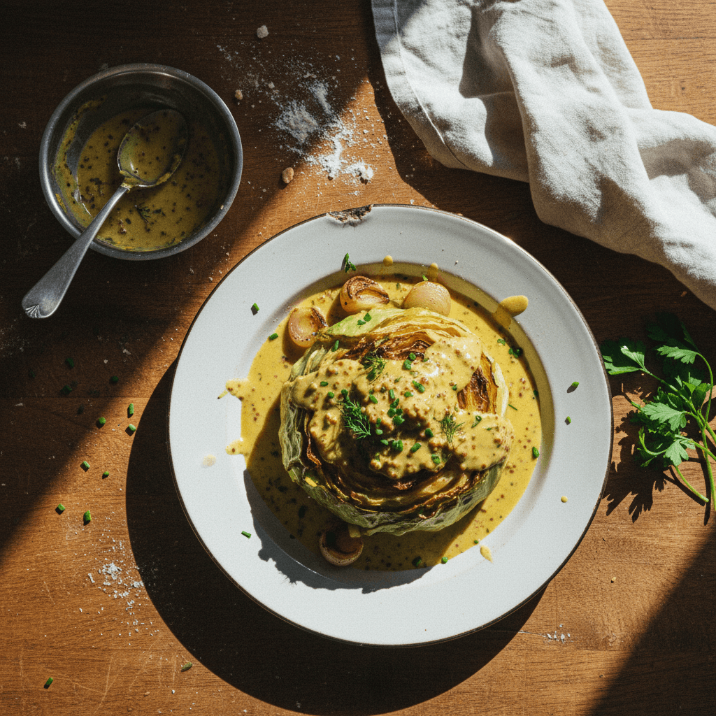 Roasted Cabbage with Mustard Cream Sauce