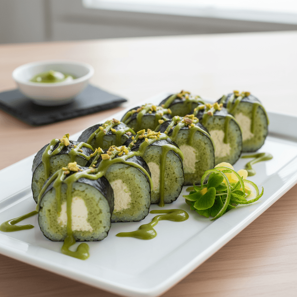 Matcha Cheesecake Sushi Rolls with Wasabi Glaze