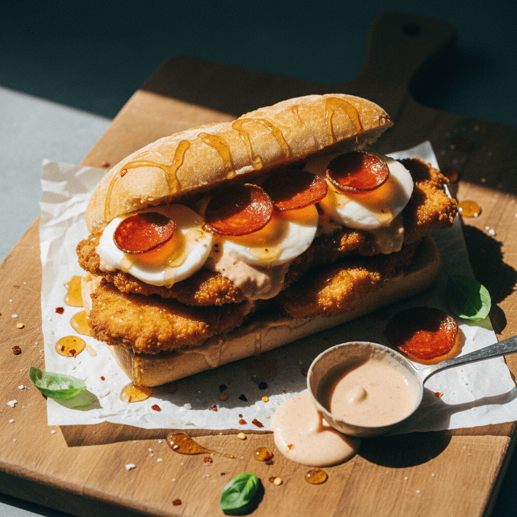 The Burro (Chicken Cutlet Sandwich with Vodka Sauce, Mozzarella, Pepperoni, and Hot Honey)