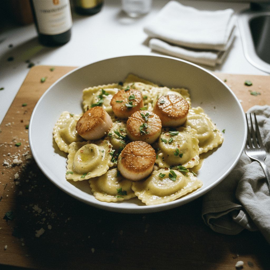 Wild Mushroom Ravioli with Seared Scallops and Lemon-Herb Butter Sauce