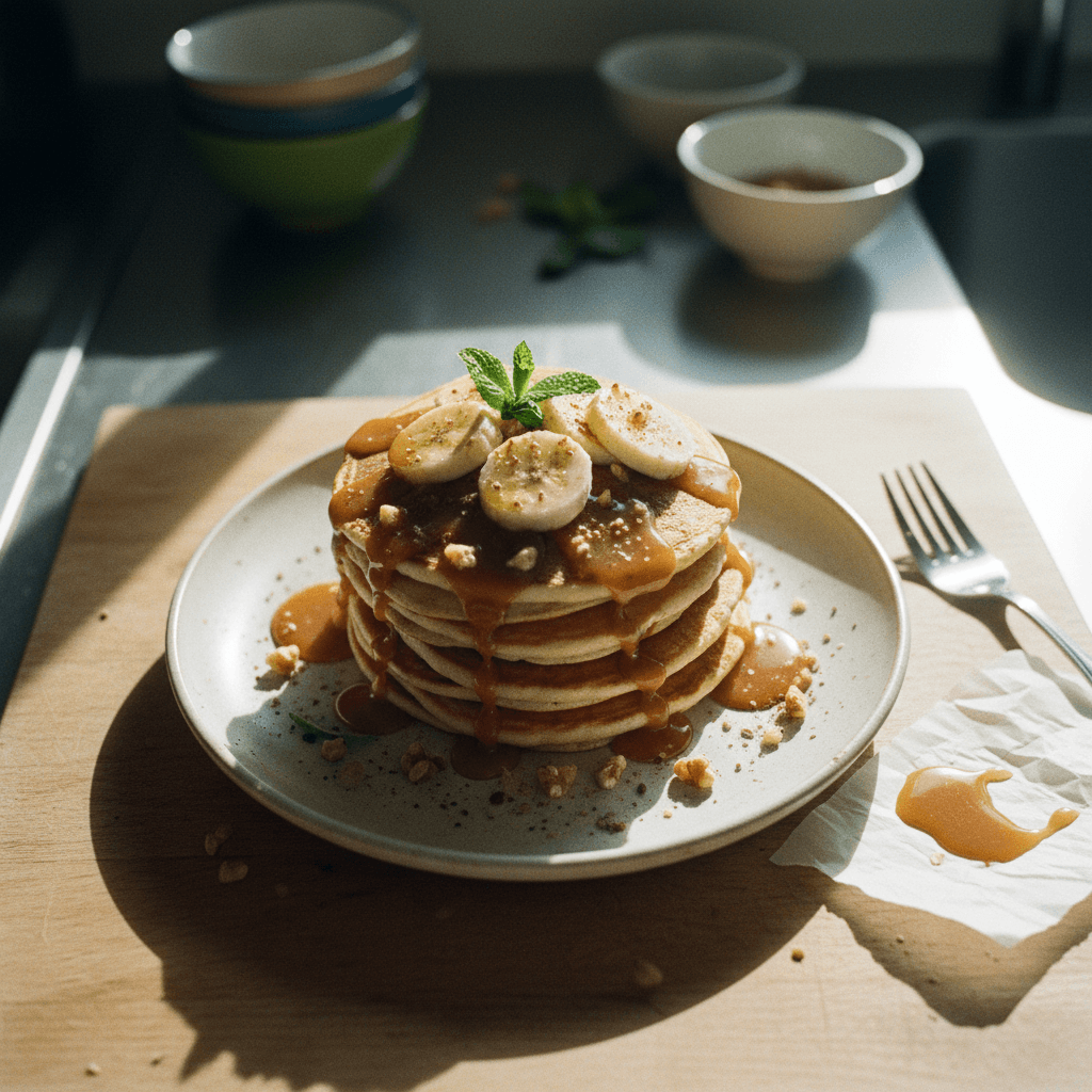 Saging na Pancake na may Caramel Sauce