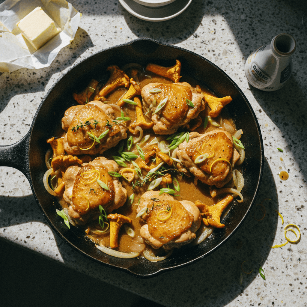 Sake Soy Butter Yuzu Chicken with Mushrooms and Onions