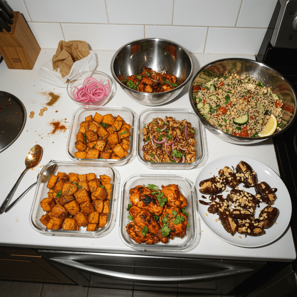 Meal Prep Assortment (Baked Sweet Potatoes, Tandoori Chicken, Chipotle-Inspired Chicken, Pickled Onions, Quinoa Chickpea Salad, Viral Snickers Dates)