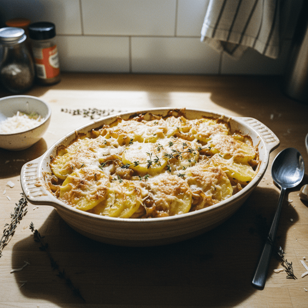 Pommes de terre gratinées aux oignons caramélisés et gruyère