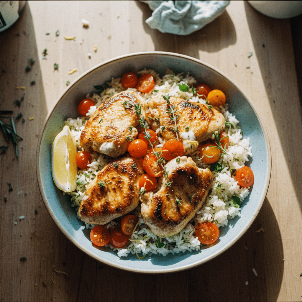 Mediterranean Chicken Thighs with Herby Lemon-Pepper Jasmine Rice