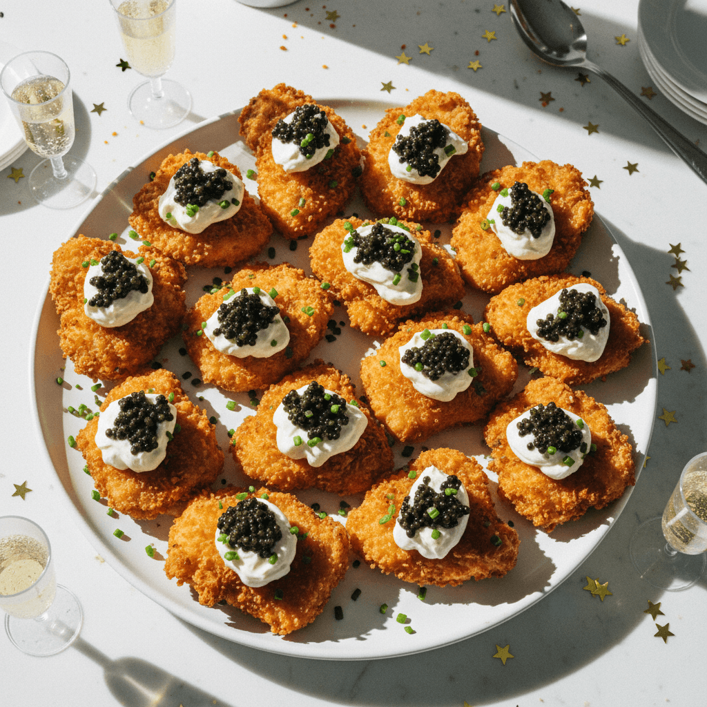 Crispy Chicken Nuggets with Caviar and Crème Fraîche
