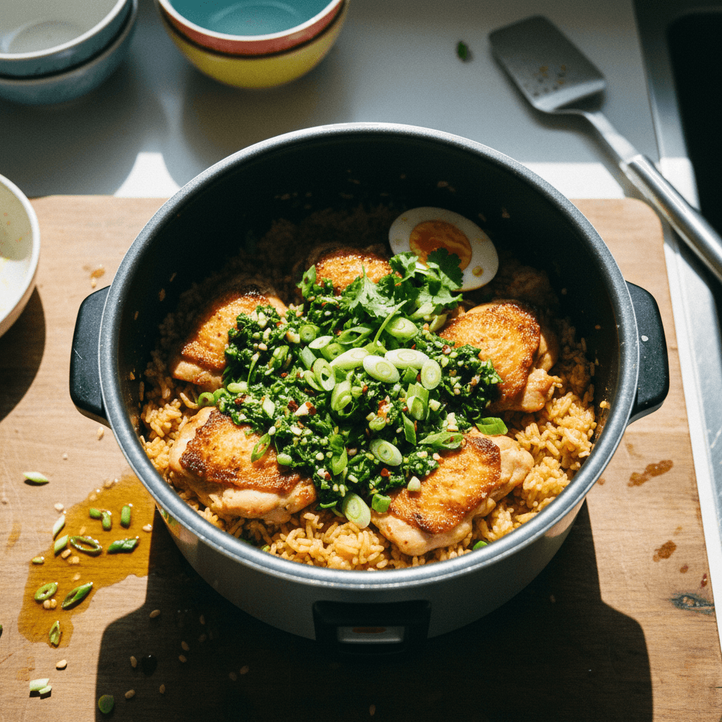 One Pot Chicken Rice with Scallion Oil