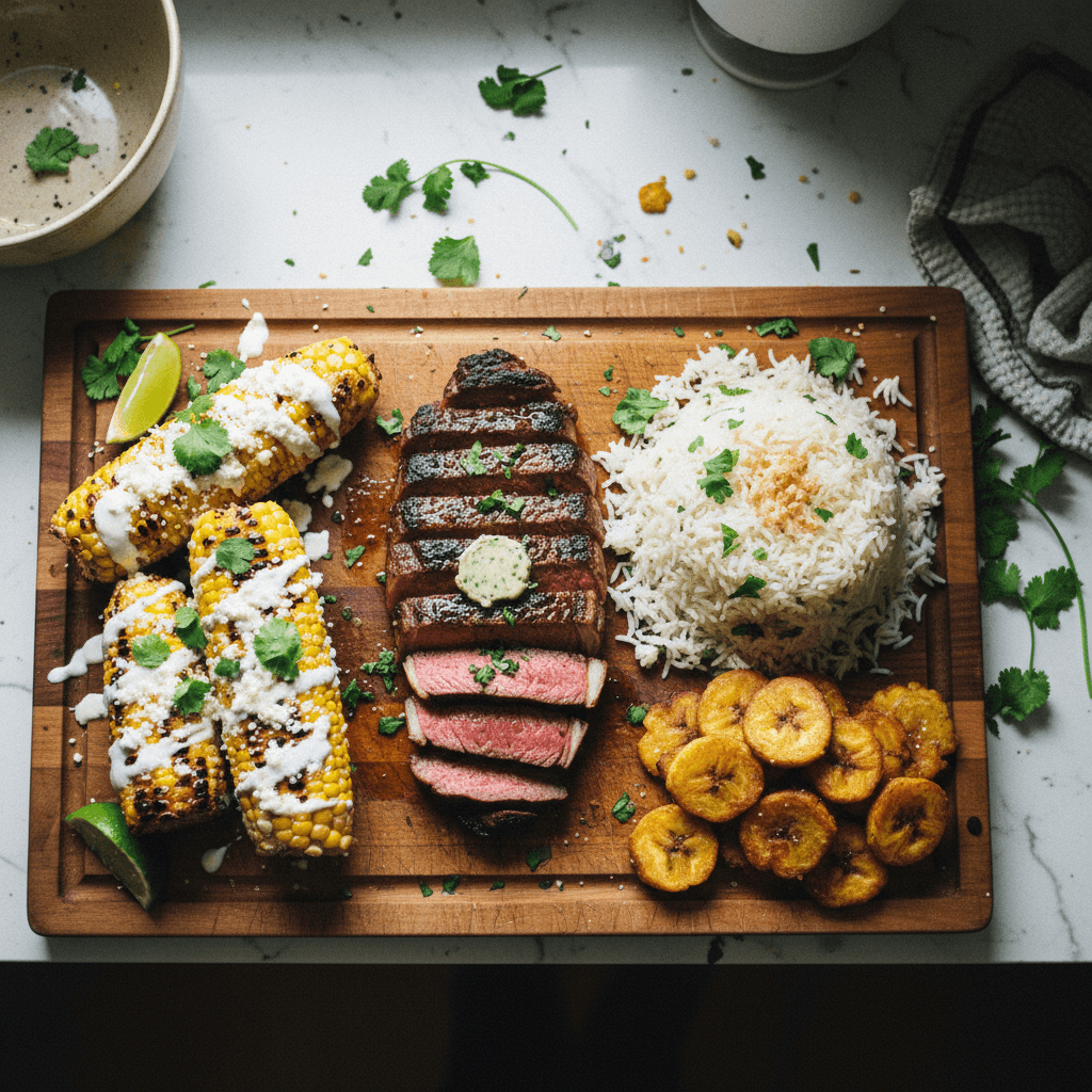 Chili Lime Flat Iron Steak with Garlic Rice, Plantains, and Charred Corn