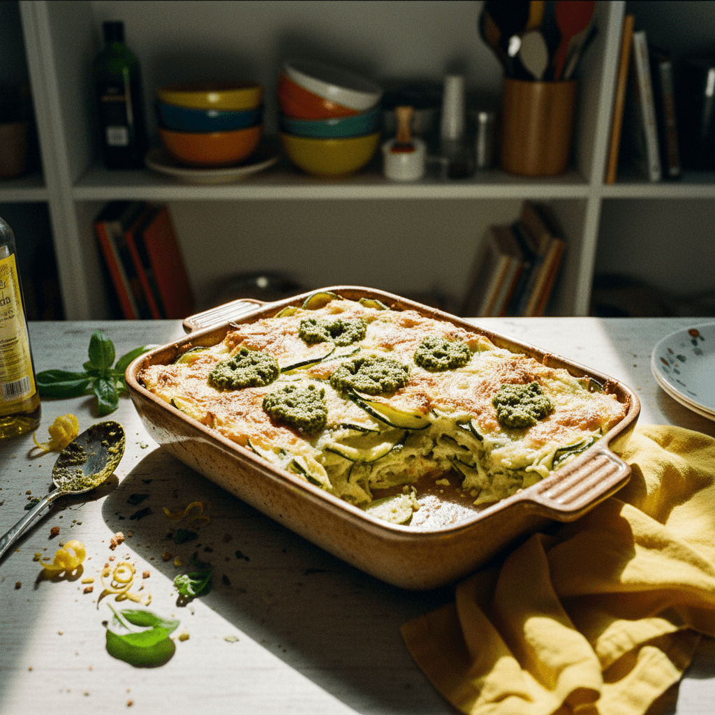 Courgette Lasagna with Lemony Béchamel and Homemade Pesto