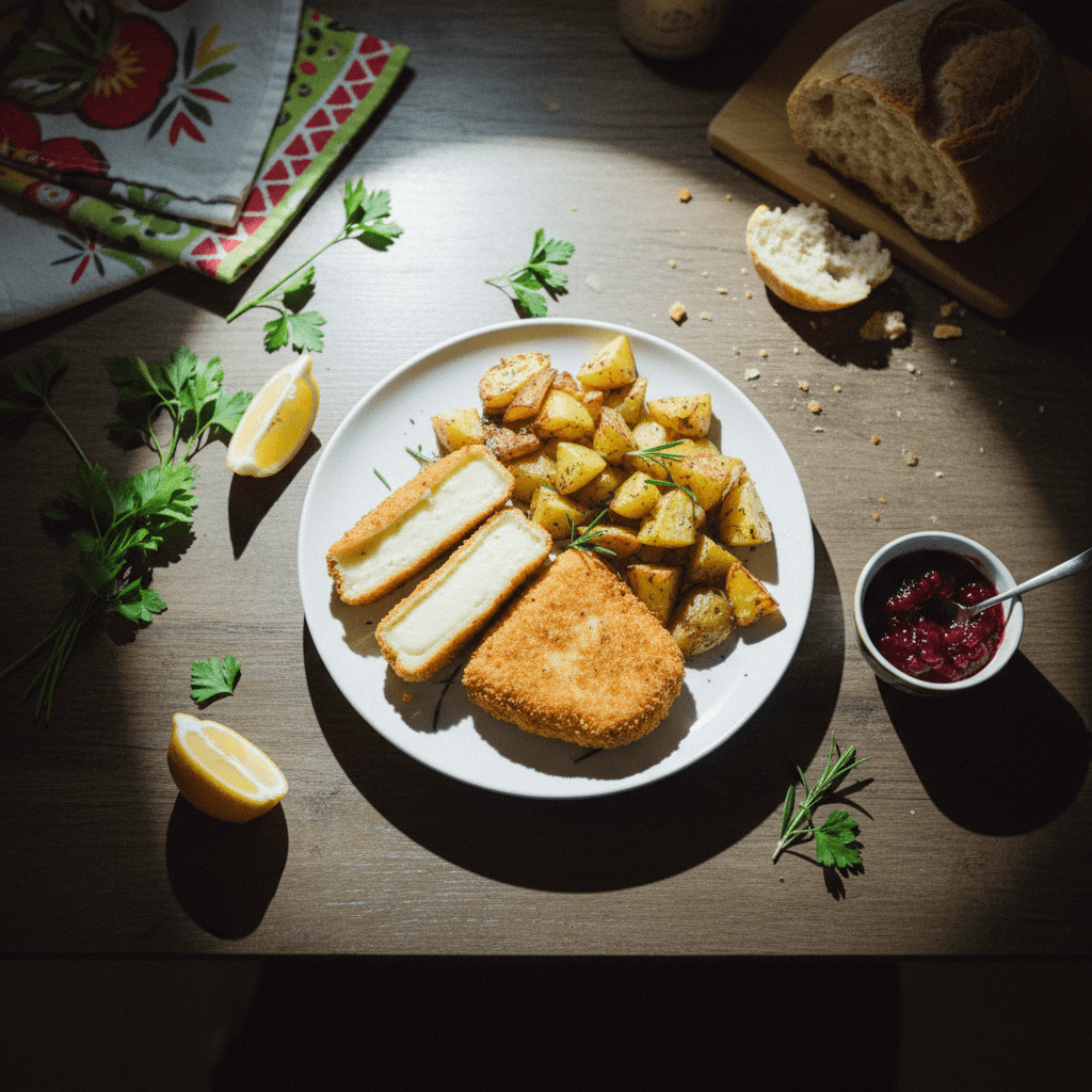 Breaded Caprice des Dieux with Roasted Potatoes