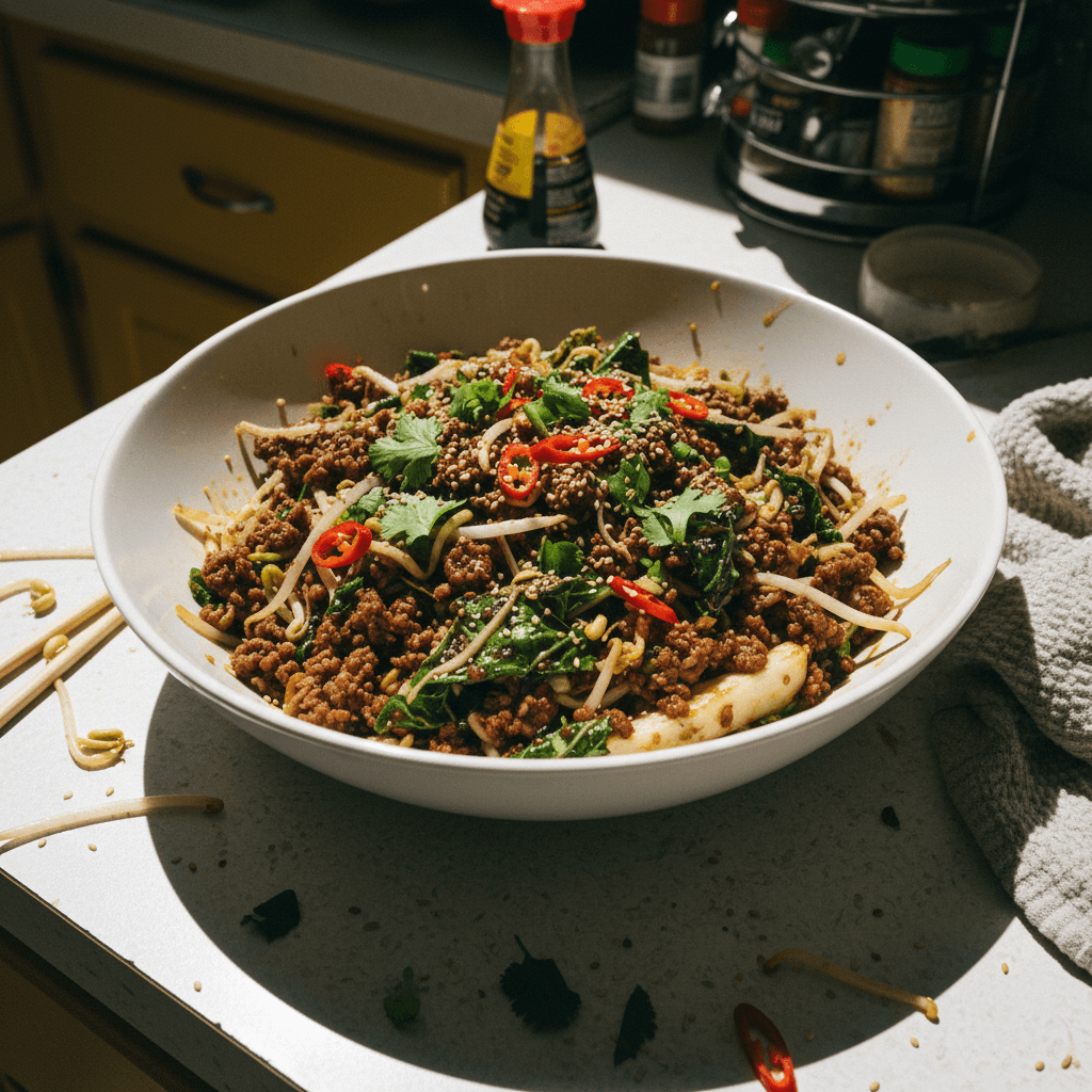 Ground Beef, Cabbage, and Bean Sprout Stir-Fry
