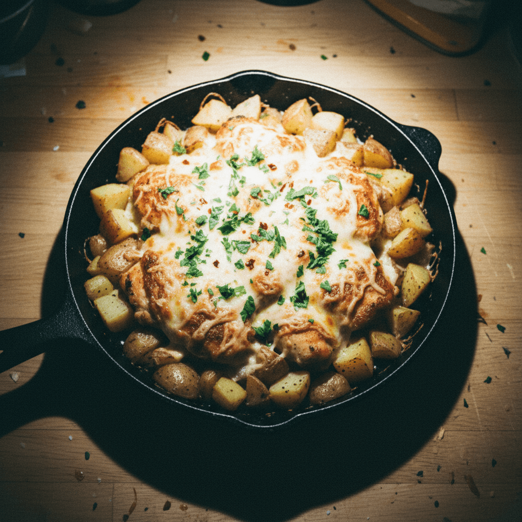 Cheesy Garlic Parm Chicken and Potato Skillet