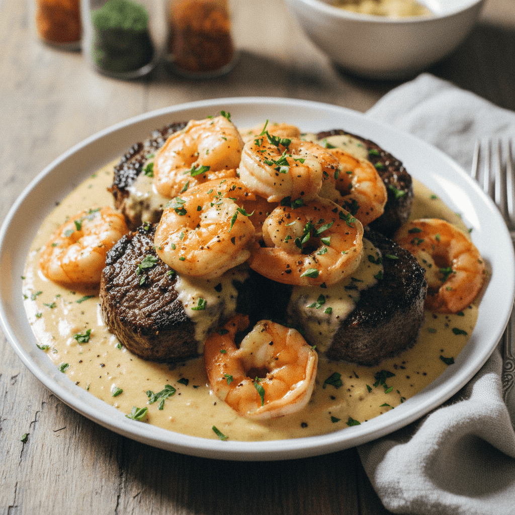 Creamy Garlic Butter Shrimp and Steak Medallions