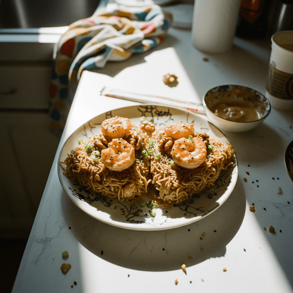 Chow Mein Onigiri with Honey Walnut Shrimp