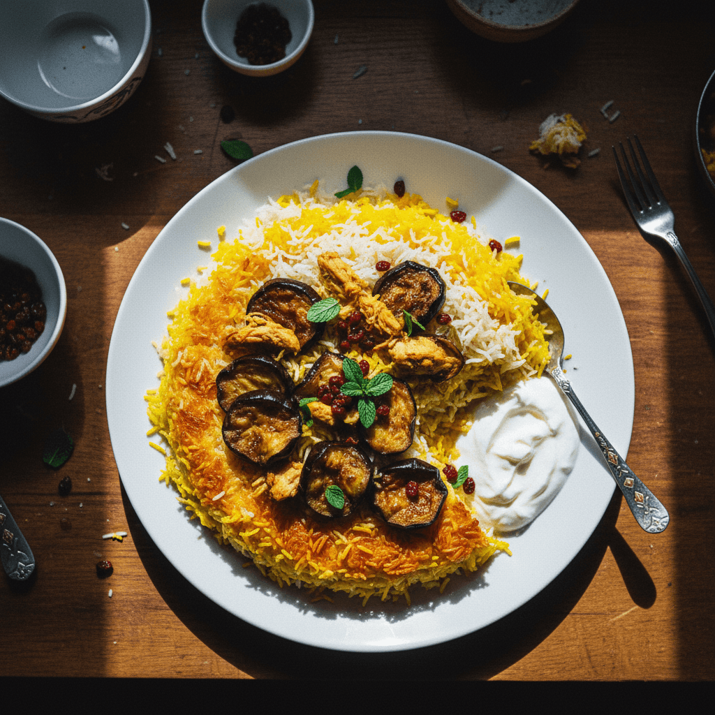 Chicken and Eggplant Tahchin (Persian Layered Rice with Chicken and Eggplant)
