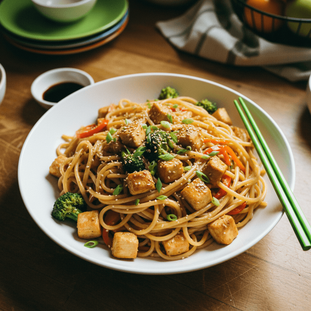 Chicken Stir-fry with Long Pasta and Broccoli