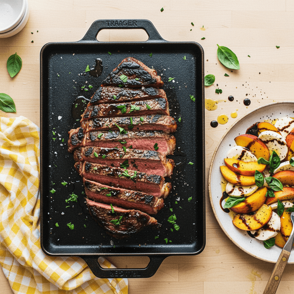 Balsamic Marinated Flank Steak & Peach Caprese Salad