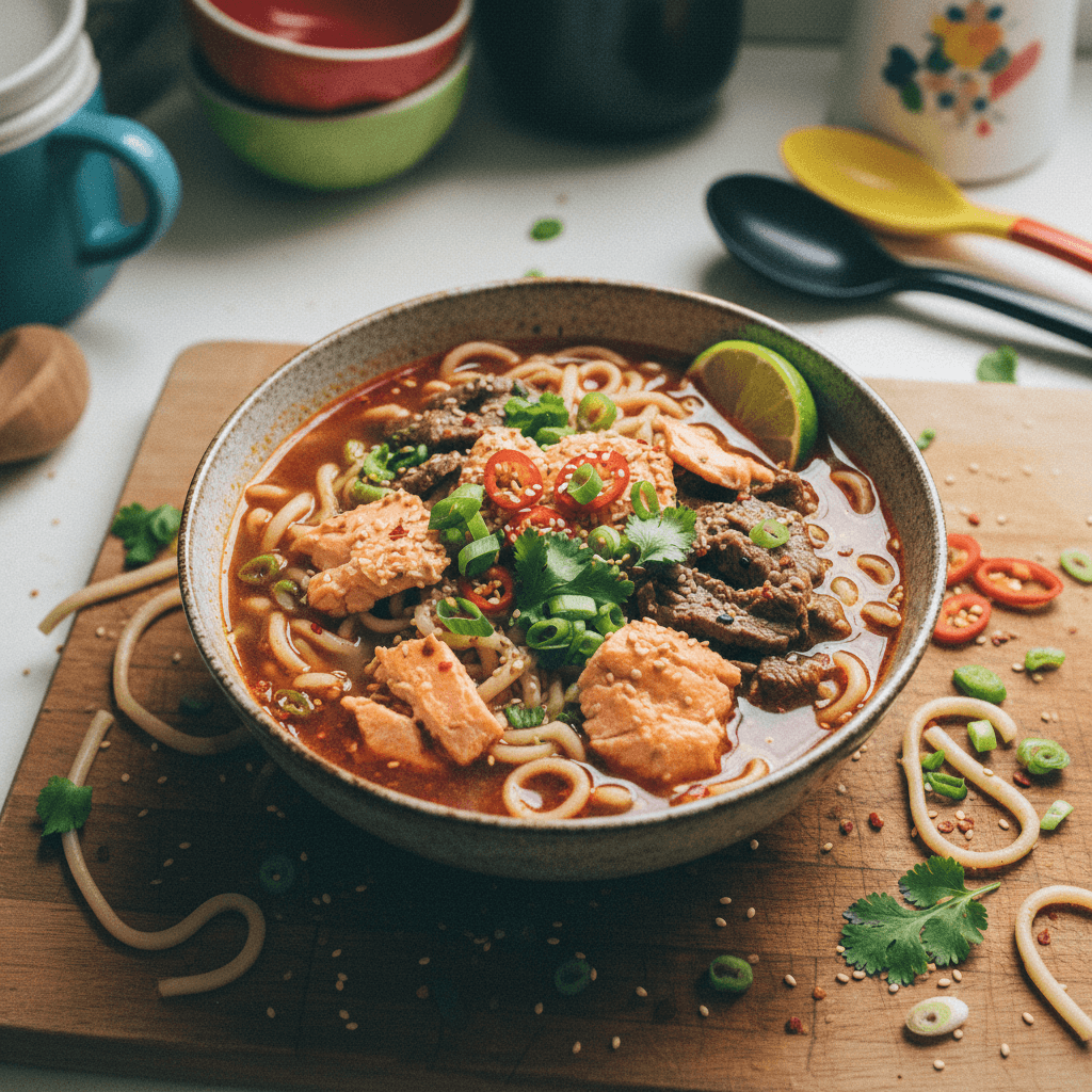 Spicy Salmon Noodle Soup with Beef Broth