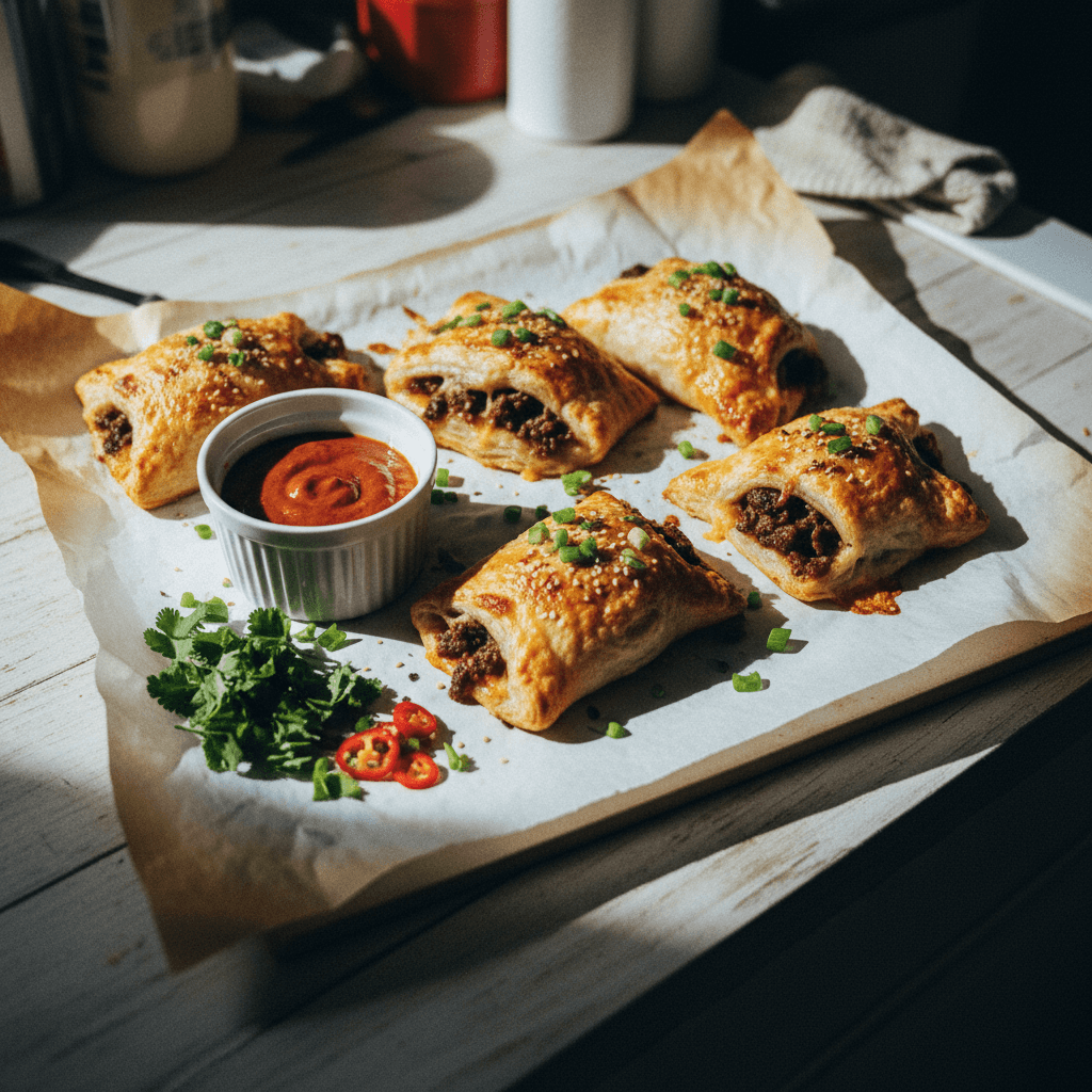 Korean BBQ Beef & Cheese Puff Pastry Pockets with Spicy Mayo