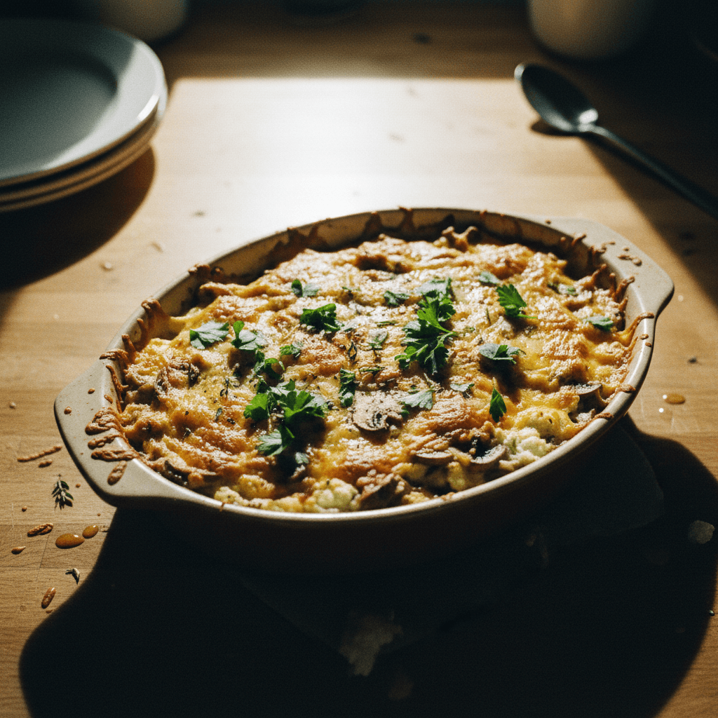 Mushroom Garlic Cottage Gratin