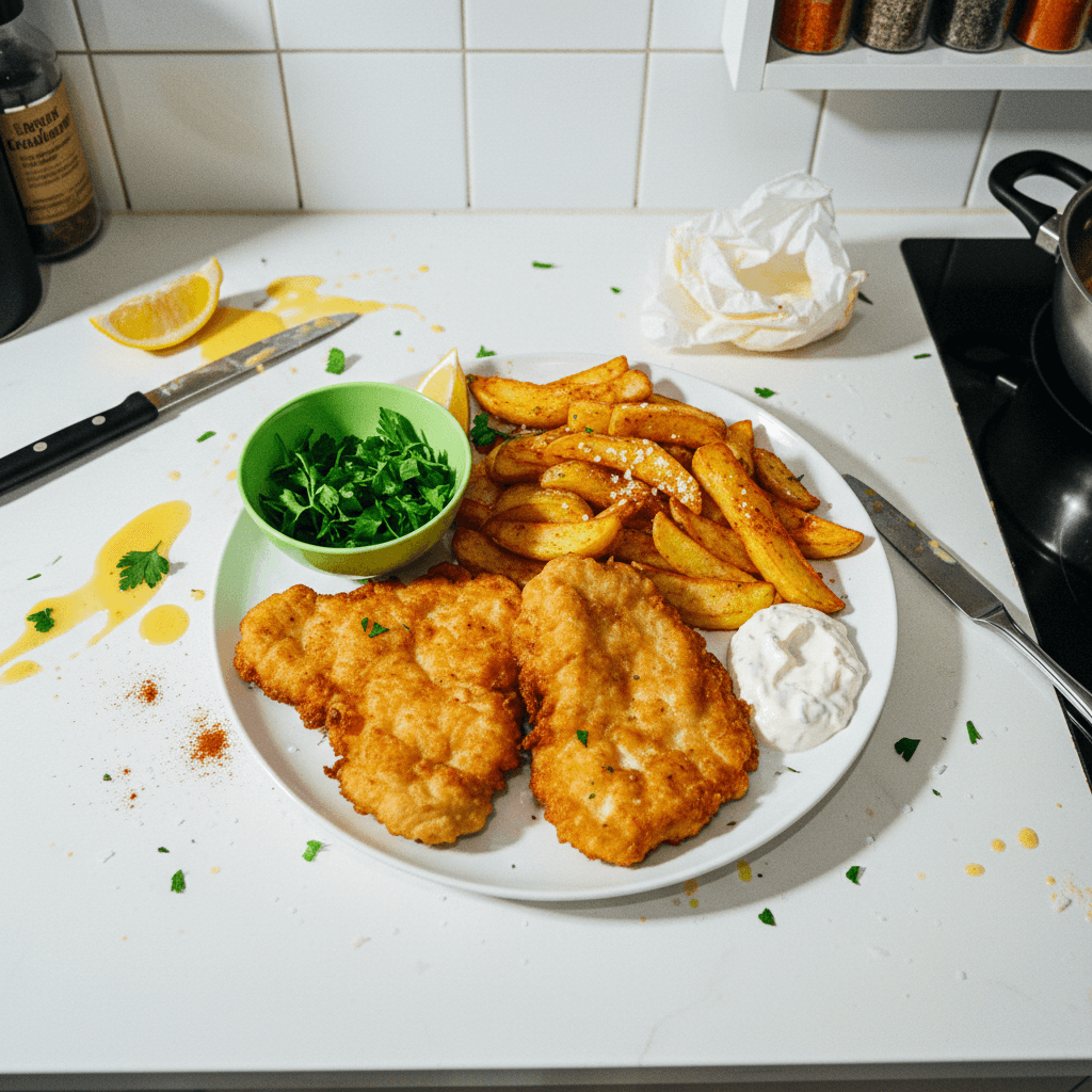 Beer Battered Chicken Breast with Potato Patties