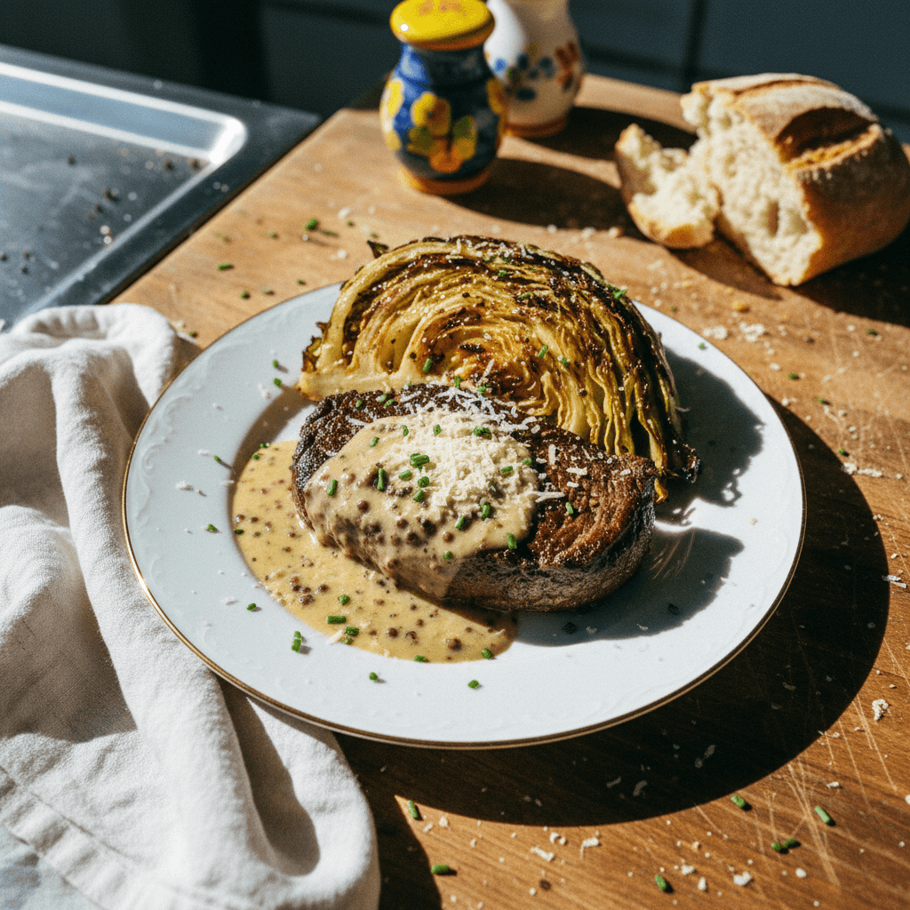Steak with Charred Cabbage & Peppercorn Sauce