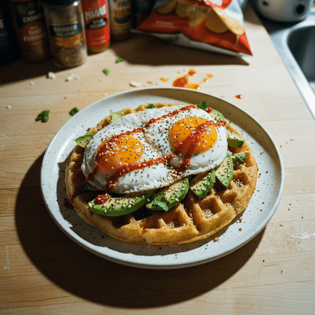 Loaded Potato Waffle with Avocado and Fried Egg