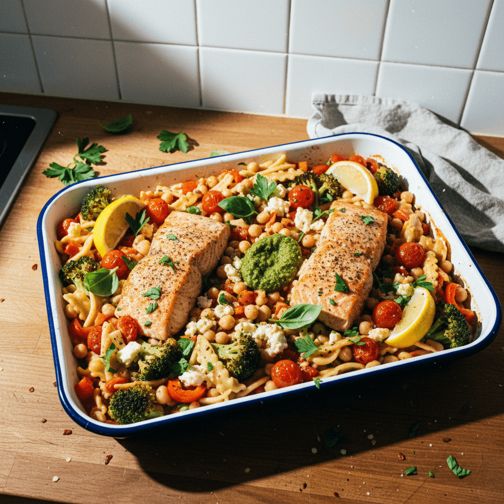 Creamy Salmon, Feta, Veg & Butter Bean Tray Bake