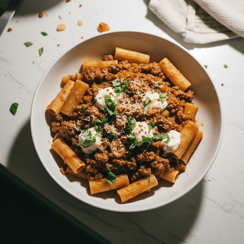 Rustic Sausage and Beef Ragu over Rigatoni