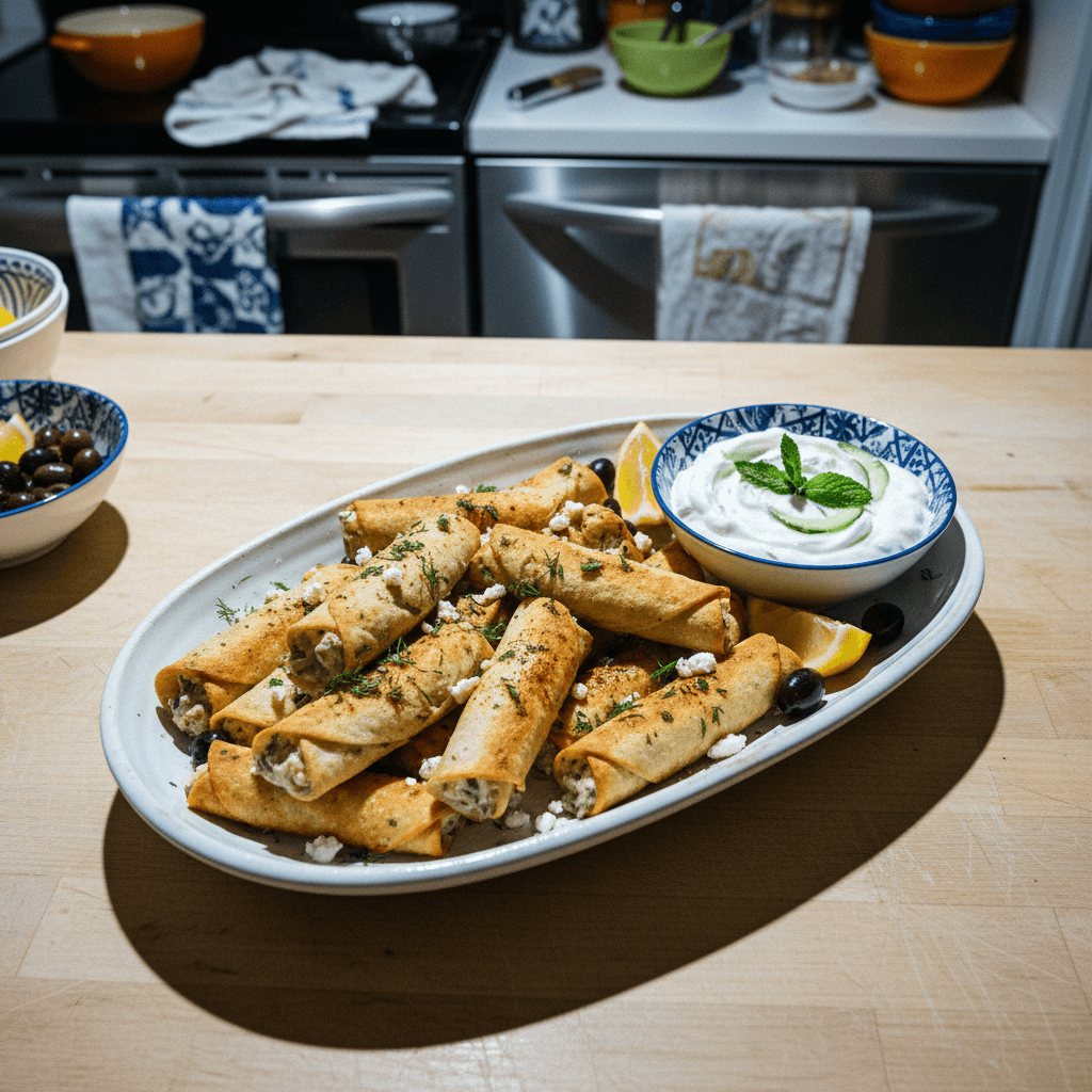 High Protein Greek Chicken Taquitos with Tzatziki Dip