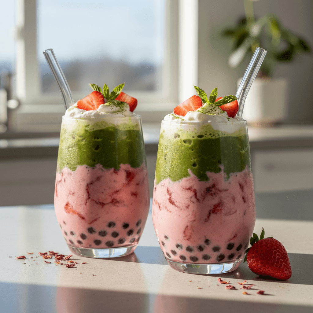 Strawberry Matcha Boba Smoothies