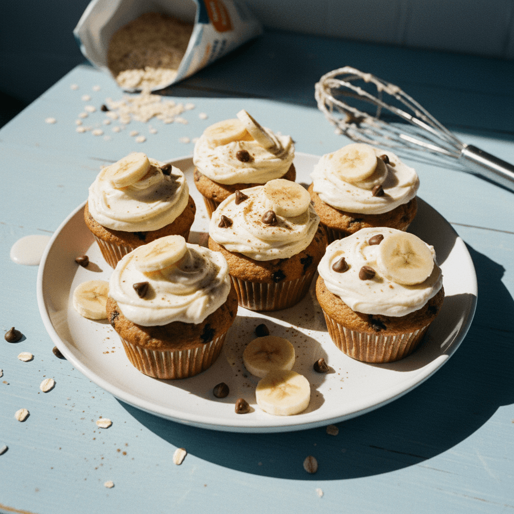 Chocolate Chip, Banana Bread Muffins with Vanilla Bean Cream Cheese Frosting