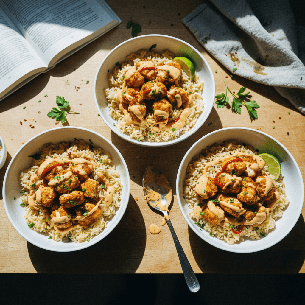 High Protein Bang Bang Chicken Rice Bowls