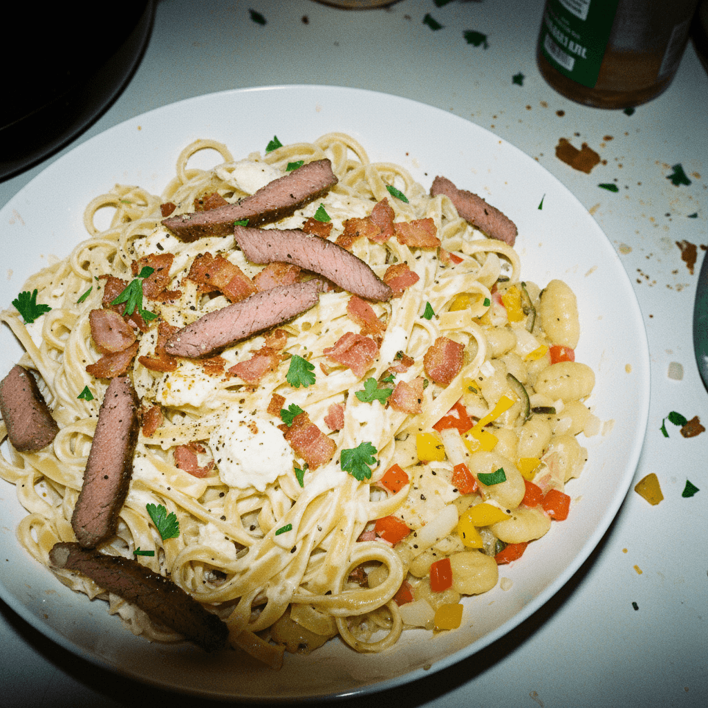 Fettuccine Alfredo with Cajun Steak and Crispy Bacon