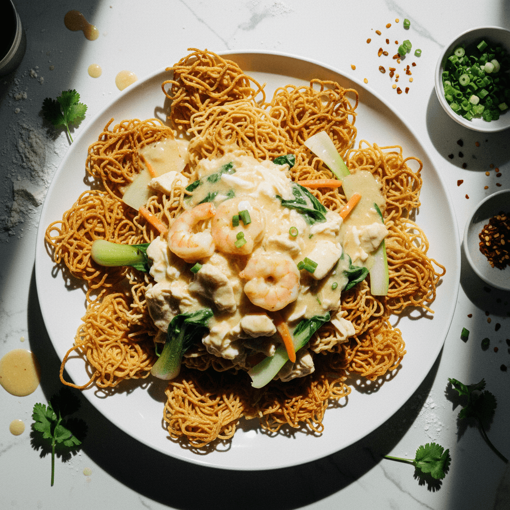 Cantonese Crispy Pan-Fried Noodles with Silky Egg Gravy (Sang Mein)