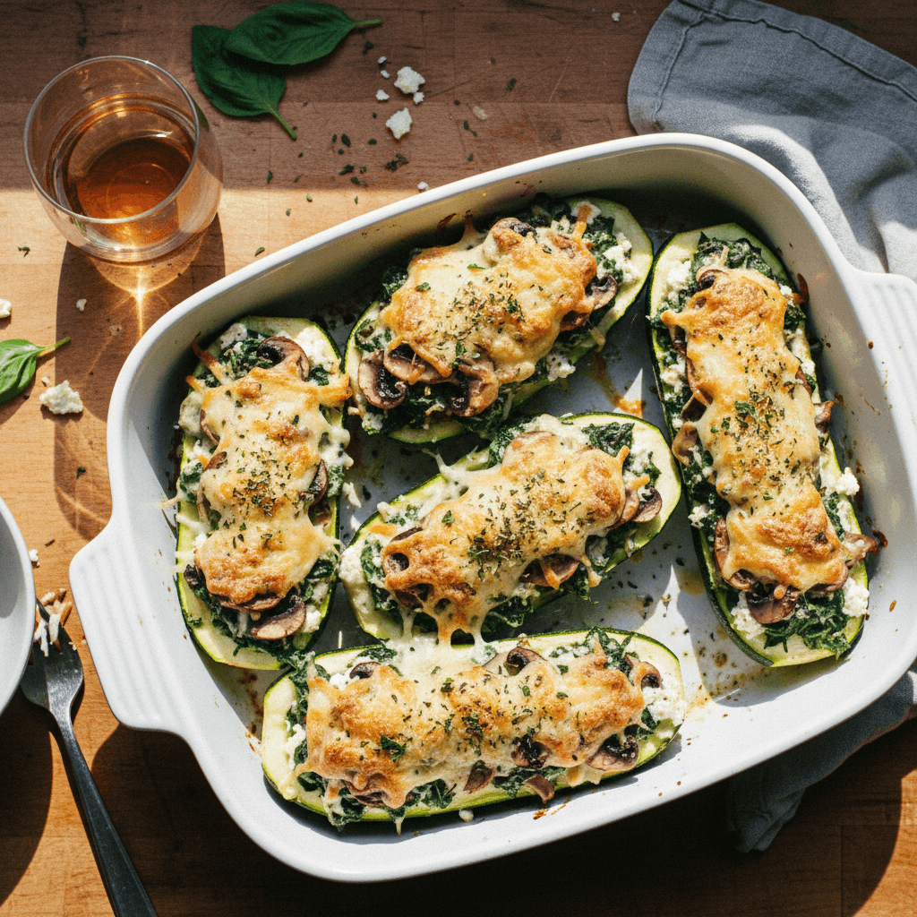 Spinach, Mushroom, and Ricotta Stuffed Zucchini Boats