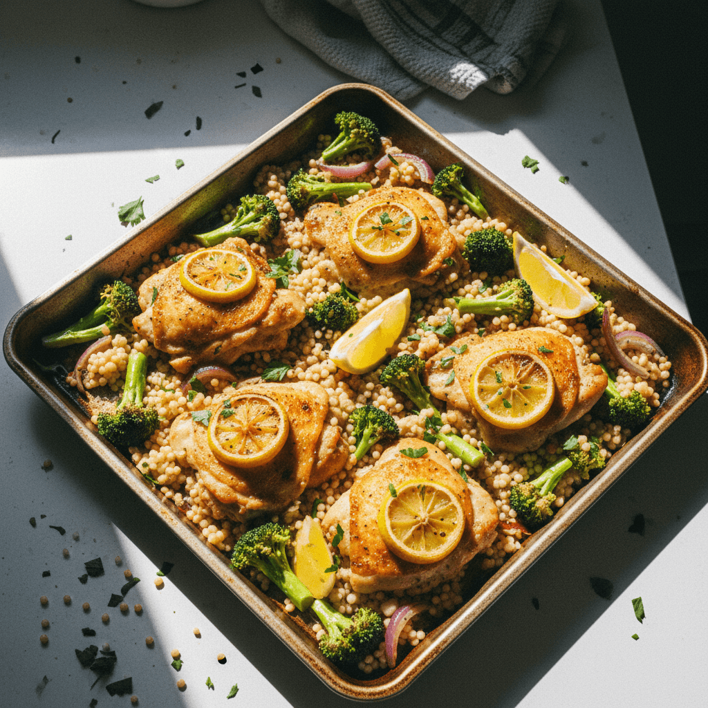 One-Pan Lemon Chicken, Broccoli & Pearl Couscous