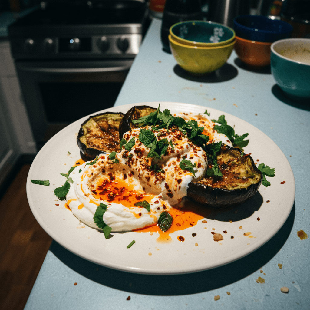 Roasted Eggplant with Creamy Labneh and Spicy Chili Oil