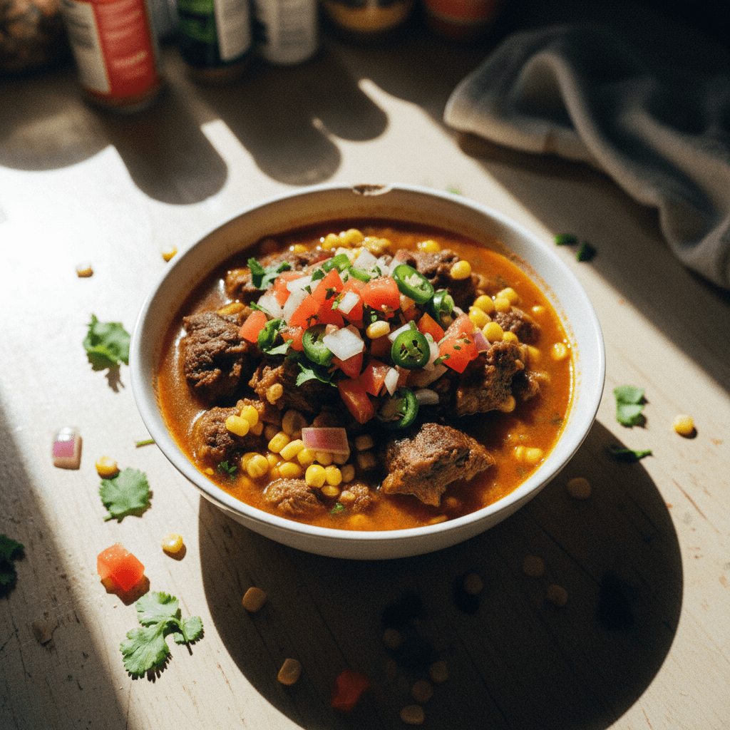 Hearty Beef and Corn Stew with Fresh Pico de Gallo